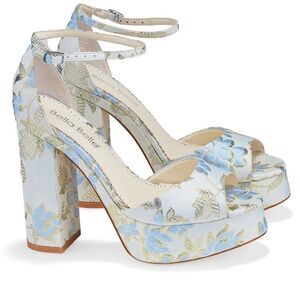 New Bella Belle CATARINA Blue Floral Jacquard Platform Sandals with Ankle Straps